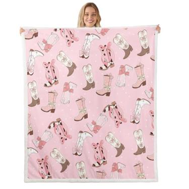 Imagem de Cowgirls Cobertor sherpa para meninas chapéu de cowboy botas cobertor de lã solteiro 152 cm x 203 cm rosa kawaii gravata borboleta cobertor rústico cacto ferradura cobertor de cama de pelúcia para