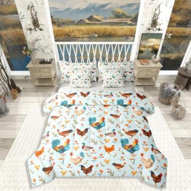 Imagem de Erosebridal Conjunto de edredom fofo de galinha com galo solteiro, pato-real, 7 peças, para crianças, meninos, meninas, adultos, animais de caça, em uma bolsa, aquarela, floral, rústico