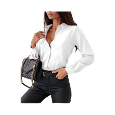 Imagem de Blusa Elegante De Chiffon Para Mulheres, Decote Em V, Manga Longa, Cam