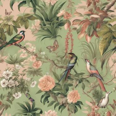 Imagem de VEELIKE Papel de parede vintage para pássaros descascar e colar borboletas verdes papel de parede floral quarto banheiro 48 cm x 890 cm papel de contato autoadesivo removível Chinoiserie pássaro mural