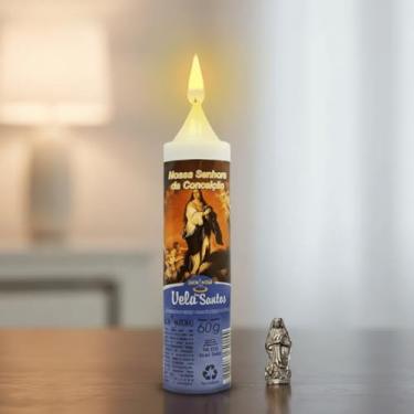 Imagem de Vela Encantada Nossa Senhora da Imaculada Conceição, Branca, Parafina, 60g, 12,5cm Altura, com Medalha em Níquel