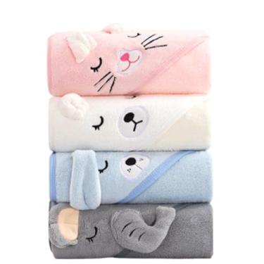 Imagem de Toalha de Banho Infantil com Capuz, Bichinhos Fofos, Microfibra Felpuda, Cinza, 80x80cm, Absorvente e Macia para Bebês e Crianças