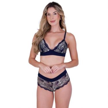 Imagem de Conjunto Sem Bojo com Renda Bicolor Cor:Azul Marinho/MarfimTamanho:G -