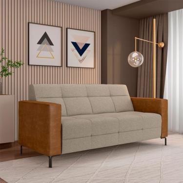 Imagem de Sofá Living Decorativo Houston 2 Lugares 180cm Pés em Metal Linho/PU Bege Escuro/ Caramelo G33 - Gran Belo