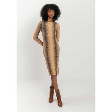 Imagem de Vestido Midi Estampado De Mangas Longas Em Malha Canelada-Feminino