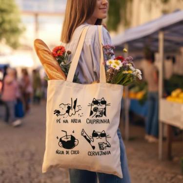 Imagem de Ecobag Praia Verao 100% Algodao Urbana Casual Estampa Gato Confortavel