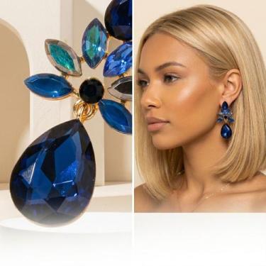 Imagem de Brinco Feminino Pingente Gotas Azul Profundo Zircônias Pino em Ouro 14