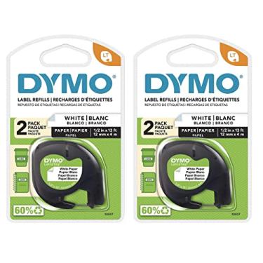 Imagem de Dymo 10697 Fita autoadesiva de papel branco para LetraTag, 2 embalagens blister (4 recargas), preto sobre branco, 3,5 cm de largura x 3,5 m de comprimento