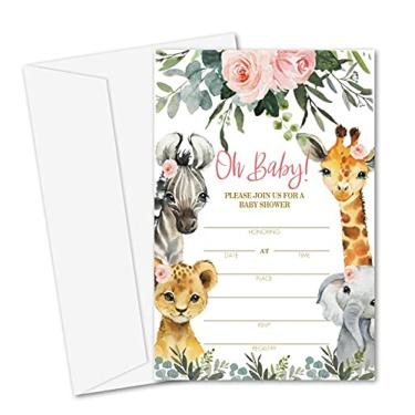 Imagem de Cartões de convite Safari para chá de bebê, cartões de convites florais de animais selvas, 25 cartões e envelopes – (bb002-yaoqing)