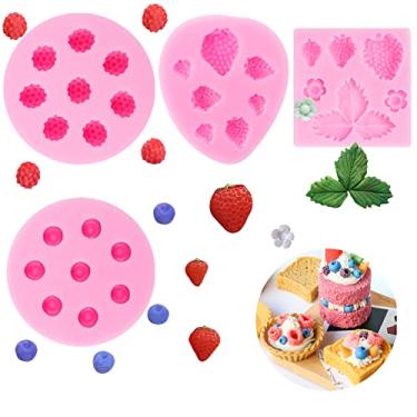 Imagem de Molde de silicone de mirtilo 4 peças, mini molde de fondant de silicone de morango para chocolate frutas framboesas vela de chocolate molde de sabão cupcake incorpora velas