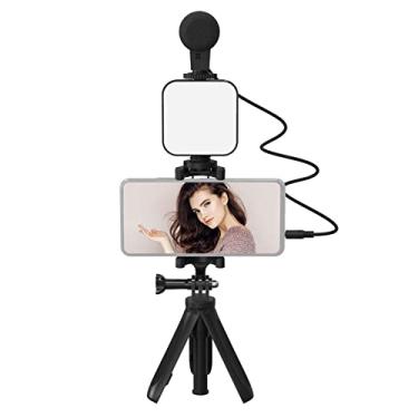 Imagem de Qudai Suporte de tripé para smartphone e kit de vlogging + microfone + luz de vídeo + clipe + cabo de áudio TRS para TRRS de 3,5 mm para gravação de vídeo ao vivo BD