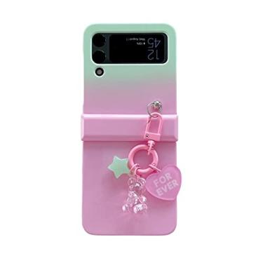 Imagem de Capa dobrável para Samsung Galaxy Z Flip 3 4 5G Hard PC Case à prova de choque com pingente de urso Gradient Phone Case Capa de proteção, verde rosa, para Samsung Flip 4