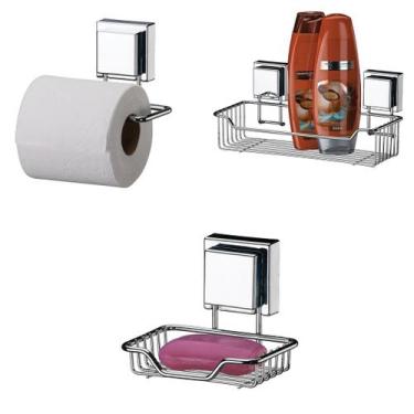 Imagem de Kit Suporte Para Papel Higiênico Inox + Porta Shampoo Cesto Inox + Sab