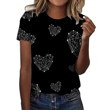 Imagem de Camisetas femininas para o dia dos namorados com estampa cinza de coração de amor solto blusa leve com bloco de cores, Branco, XXG