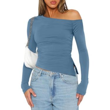 Imagem de Imily Bela Camisetas femininas assimétricas Y2K de manga comprida com ombros de fora, Azul, GG