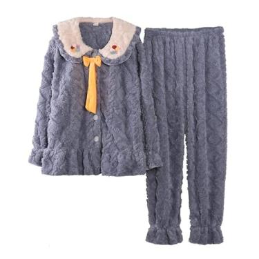 Imagem de LUBOSE Pijama feminino macio de manga comprida outono inverno pijama feminino pijama de lã coral quente pijama de flanela engrossada roupa de casa conjunto de 2 peças - 2GG, azul, Azul, GG