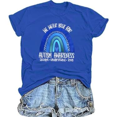 Imagem de Camiseta feminina com autismo We Wear Blue for Autism Awareness Accept Understand Love Lettter Print Inclution Tees Tops, Azul-1n, M