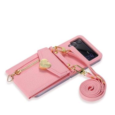 Imagem de Capa de celular com alça de pulso transversal para Samsung Galaxy Z Flip 5 4 3 Flip5 Flip4 Flip3 5G Carteira com compartimento para cartão, capa de couro, rosa, para Galaxy Z Flip 3 5G
