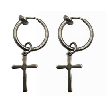 Imagem de Brinco Masculino Argola Falso Pressão com Pingente Cruz 1 par - HHW, P