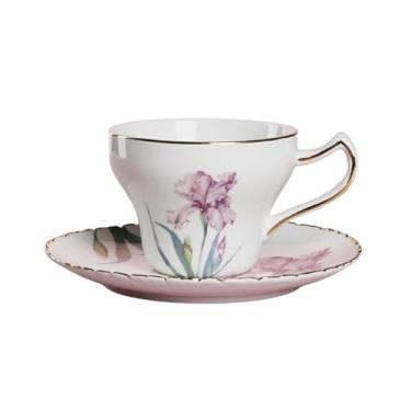 Imagem de Pfedxoon Conjunto de xícara de chá Bone China com colher de pires - conjunto de 3 peças (200 ml) xícaras de cappuccino e latte, porcelana estilo britânico, presente de Dia das Mães (íris rosa)