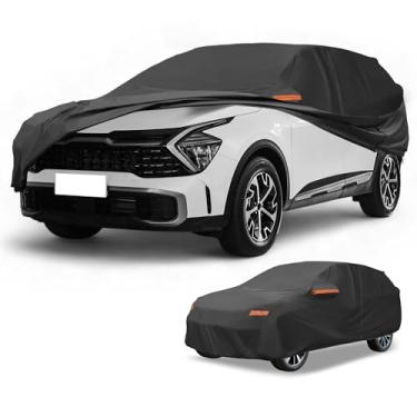 Imagem de Partuto Capa de carro à prova d'água para todos os climas, automotiva, externa, anti-UV, proteção contra chuva e sol, cobertura externa completa para Kia Sportage preta com tiras refletoras