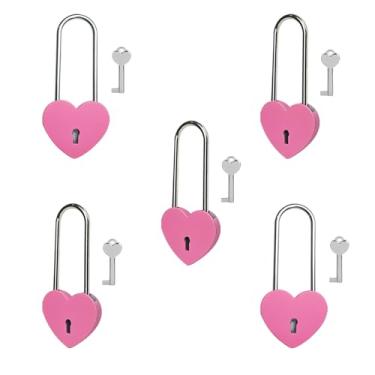 Imagem de Gradleen 5 unidades de cadeado de coração único vermelho rosa brilhante de 8,5 cm com chave, cadeado de amor de 50 mm para ponte Lovelock, caixa de joias, livro diário, caixa de cartão