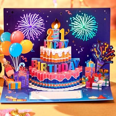 Imagem de LoveEcho Blowable Musical Happy Birthday Firework 3D Pop Up Cartão musical com luz LED Happy Birthday e música (feliz aniversário para você), cartão comemorativo de aniversário 3D com cartão de notas