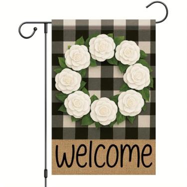 Imagem de Starlit Patio Guirlanda de boas-vindas xadrez búfalo bandeira de jardim bandeira branca de flor de camélia 30 x 45 cm dupla face primavera ao ar livre outono fazenda ao ar livre pequena decoração para