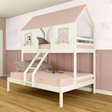 Imagem de Beliche Casal/ Solteiro Casinha Encantada Madeira Maciça Branco/ Rosa Megamobilia