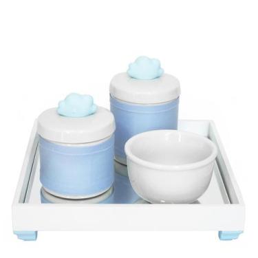 Imagem de Kit Higiene Bebê Porcelanas Cotonete Molhadeira Nuvem Azul - Potinho d