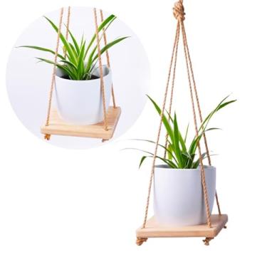 Imagem de Cabide suspenso para plantas internas e externas, cesta de vaso de flores com corda e base de madeira, suporte de plantador de plantas penduradas para janela, pátio, deck, varanda, sala de estar, 1