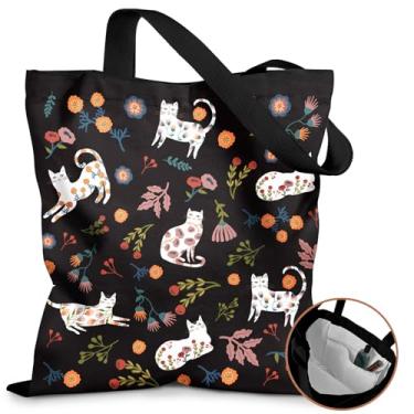 Imagem de Miss Adola Sacola de lona feminina - Sacola de lona estética com bolsos bolsa de ombro fofa feminina reutilizável, Gatos de flor preta, One Size