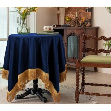 Imagem de F-CHU Toalha de mesa azul grossa de veludo com lindas borlas douradas, toalha de mesa vintage para decoração de casa, casamento, festa, banquete e eventos 152 x 152 cm