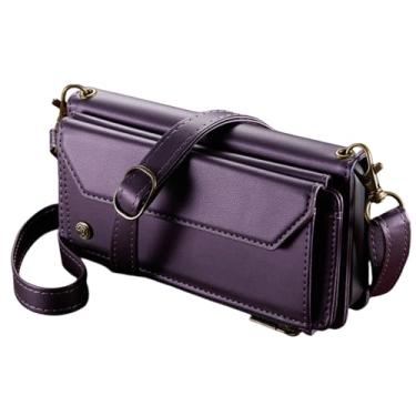Imagem de HJZSZX Para iPhone 16 Pro Max Crossbody Zipper Wallet Cartão Phone Case Cordão Couro Capa Bolsa (Para iPhone 16 Pro Max/ROXO)