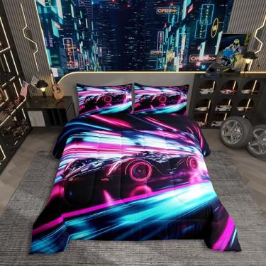 Imagem de Erosebridal Jogo de cama solteiro para meninos, carro de corrida, velocidade legal, design geométrico 3D - edredom temático de esportes radicais com fronhas para decoração de quarto de meninas