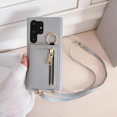 Imagem de HJZSZX Para Galaxy S23 Ultra Crossbody Carteira de couro com porta-cartão Capa de telefone à prova de choque (para Galaxy S23 Ultra/cinza azul)