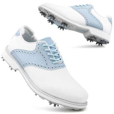 Imagem de Ifrich Tênis feminino profissional de golfe Spikes à prova d'água tênis esportivo de golfe feminino com pontas, Branco, azul, 39