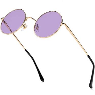 Imagem de AIEYEZO Óculos de sol redondos retrô para homens e mulheres óculos de sol polarizados modernos vintage pequenos óculos de sol redondos, Ouro/roxo transparente, MM