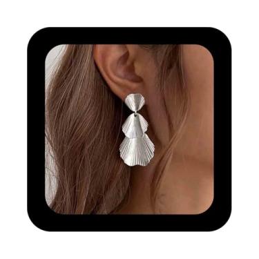 Imagem de Erimberate Brincos pendentes de folha de ginkgo boêmio dourado texturizado brinco de gota grande de metal ginkgo brincos de declaração de folhas brincos para mulheres, Zinco, Sem pedra preciosa