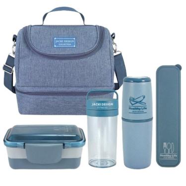 Imagem de Conjunto De Bolsa Térmica Com 2 Compartimentos, Copo Térmico E Marmita, Porta Talher E Porta Escova Azul