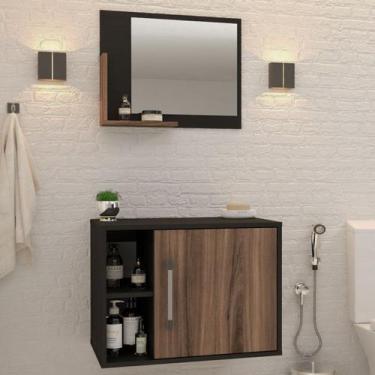 Imagem de Armário de Banheiro 1 Porta 2 Prateleiras com Espelho Preto ônix/Nogal