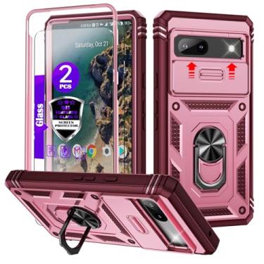 Imagem de Capa para Google Pixel 7A com capa deslizante para câmera, 2 protetores de tela de vidro temperado, suporte de anel giratório de 360°, capa protetora de grau militar para Google Pixel 7A 6,1 polegadas