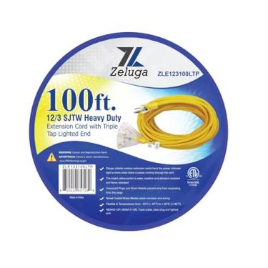 Imagem de Zeluga Cabo de extensão resistente SJTW 12-304 30,5 m 12/3 com extremidade iluminada de toque triplo, amarelo
