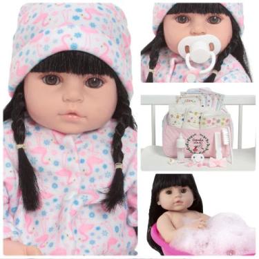 Imagem de Boneca Reborn Morena 100% Silicone Com Kit Itens Completo - Cegonha Re