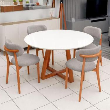 Imagem de Mesa de Jantar 1,35m Redonda com 4 Cadeiras e Base em Madeira Natural 