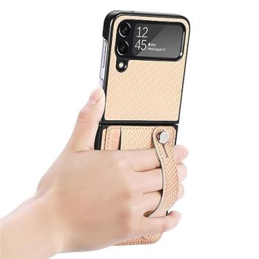 Imagem de Estojo tipo carteira de fibra de carbono para Samsung Galaxy Z Flip4 Flip 4 5 Flip3 Flip 3 Flip5 Zflip4 Pulseira titular do cartão, cáqui, para samsung Z Flip 4