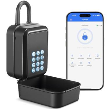 Imagem de Thlevel SAFESmart Caixa de bloqueio de chave eletrônica Bluetooth com controle de aplicativo e tipos de código PIN, compartilhe eKey caixa de bloqueio montada na parede para Airbnb Realtor House