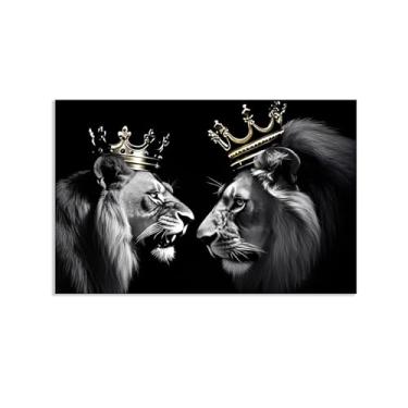 Imagem de O Rei Leão e a Rainha com Coroa Arte de Parede Imagens de Animais Selvagens Africanos Leão Coroa Dourada Pôsteres Impressões Arte Preto e Branco para Sala de Estar Quarto Decoração de Parede Pôster
