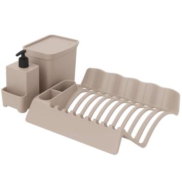 Imagem de Kit Organizadores para Pia 3 Peças, Escorredor de Pratos Talheres, Dispenser 650ml, Lixeira 2,5L, P/Cozinha Bancada, Louça, Utensílio (Bege)