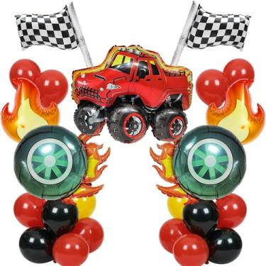 Imagem de Balões de festa de aniversário Monster Truck, 27 peças – pneu de fogo, chama, bandeira quadriculada, balões de látex vermelho, preto, amarelo, balão de alumínio para decoração de aniversário de